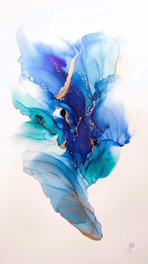 アルコールインクアートで描かれた、水のゆらぎを表現したカラフルな抽象画 / Colorful abstract alcohol ink art expressing the flow of water.